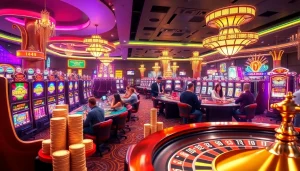 Experience the vibrant gambling world of KJC AC 1 with players enjoying casino tables and slot machines.