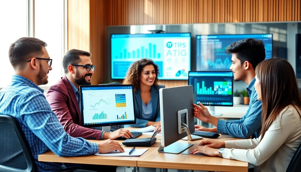 IT professionals discussing Managed Services Fredericksburg in a vibrant office setting.