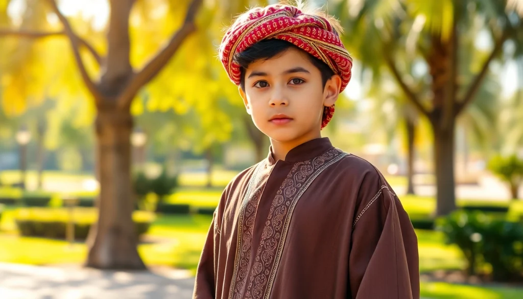 Young boy showcases a Jabba thobe with intricate details in a sunlit park, radiating style and elegance.