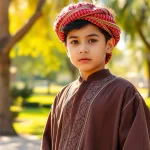 Young boy showcases a Jabba thobe with intricate details in a sunlit park, radiating style and elegance.