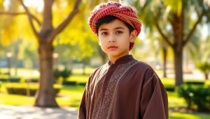Young boy showcases a Jabba thobe with intricate details in a sunlit park, radiating style and elegance.