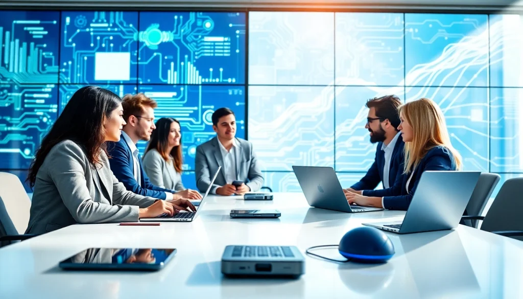 Engaging professionals collaborating on Technology solutions with advanced gadgets in a modern office.