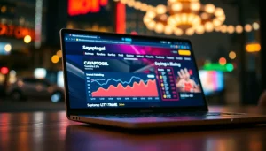 Pengguna menjelajahi sayaptogel dengan laptop di suasana kota yang meriah.