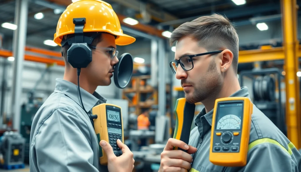 Engineer performing a noise assessment survey with advanced equipment in industrial surroundings.