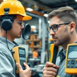 Engineer performing a noise assessment survey with advanced equipment in industrial surroundings.