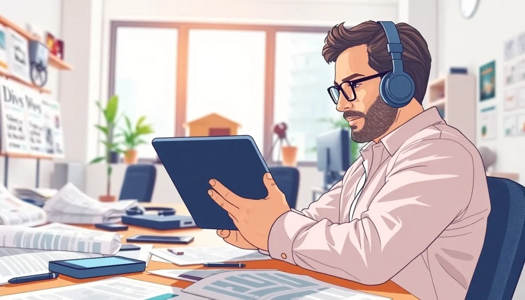 Engaging journalist analyzing news on https://newsharbor.com.ua surrounded by technology and articles.