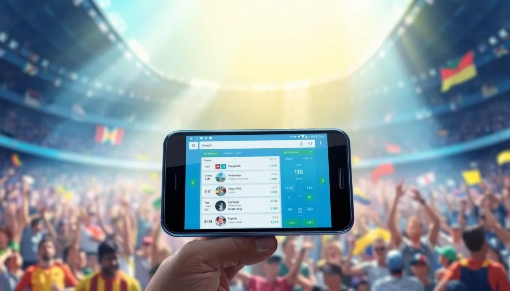 Find the best sports betting apps in India showcasing a smartphone interface in a festive sports scene.