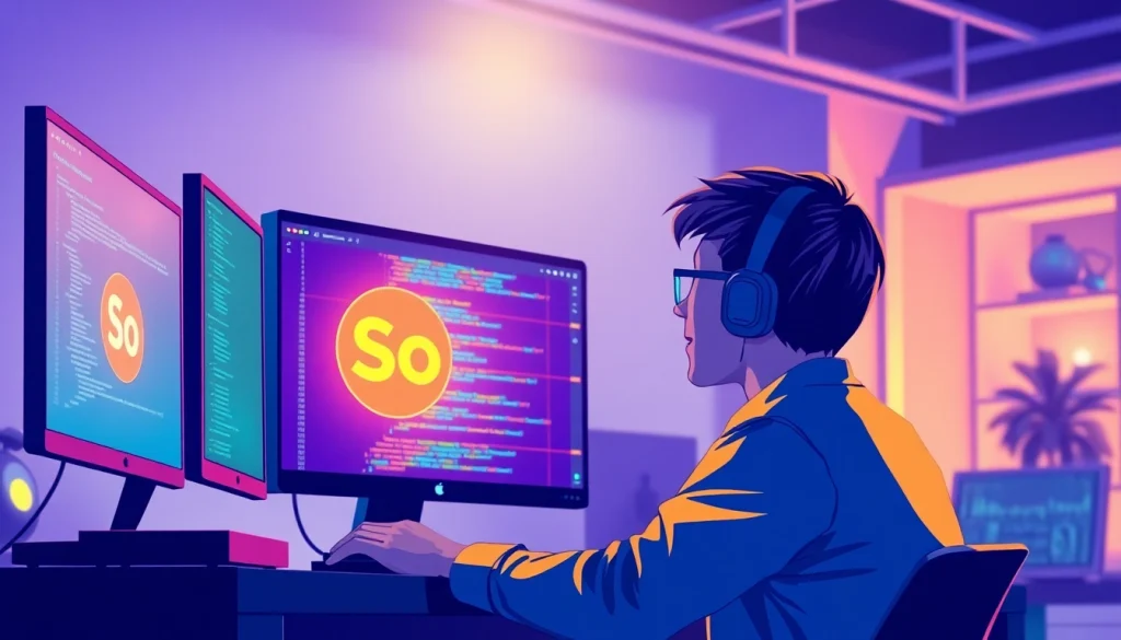 Solana Token Creator developing a unique crypto token with glowing code on a screen.