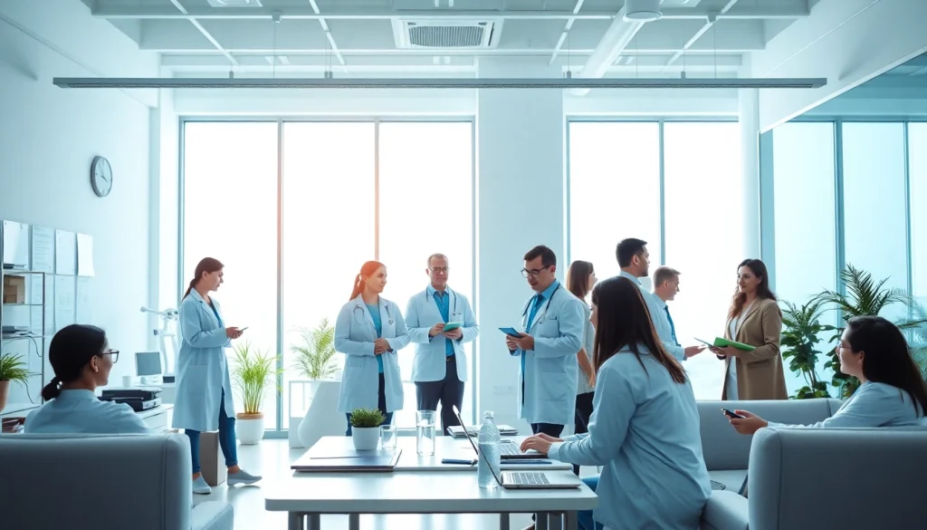 Assist healthcare professionals in a modern environment discussing innovative practices in Health.