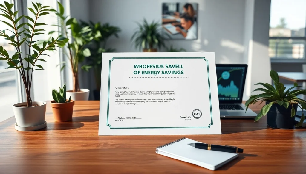 Obtención del Certificado Ahorro Energético en una oficina moderna con detalles ecológicos.