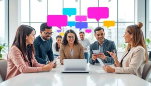 Engaging free ai chat scene featuring diverse users interacting with chat interfaces.