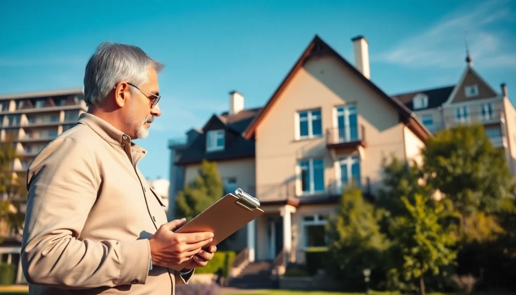 Bewerten Sie Ihre Immobilie auf https://frankfurt-immobilie-bewerten.de mit einem Experten vor einer schönen Frankfurter Immobilie.