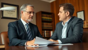 Consulting with a Marietta criminal defense lawyer from https://www.arcalaw.com in a professional office.