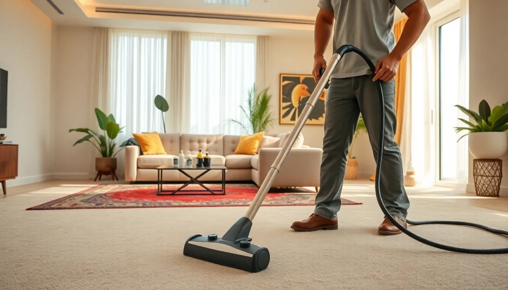Carpet cleaning Dubai service technician rejuvenating a living room carpet in Dubai.