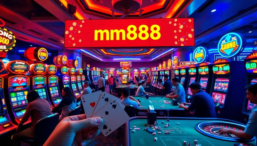 Experience thrill with mm888 gambling, featuring vibrant slot machines and energetic players at the virtual casino.