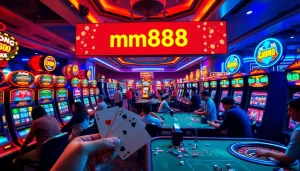 Experience thrill with mm888 gambling, featuring vibrant slot machines and energetic players at the virtual casino.