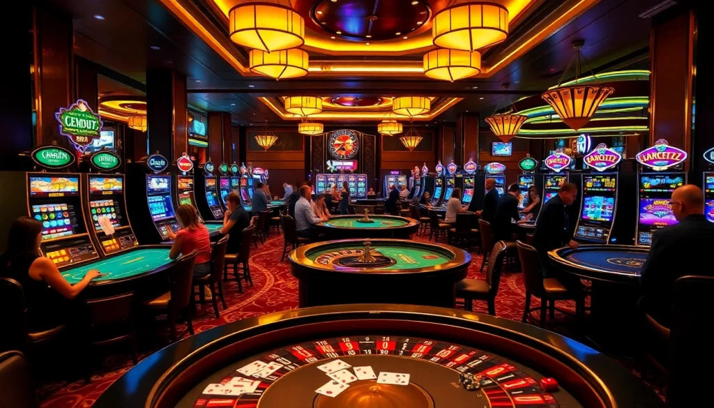 Play exciting blackjack and roulette at https://c168.design/, showcasing vibrant casino gaming action with players and colorful slot machines.