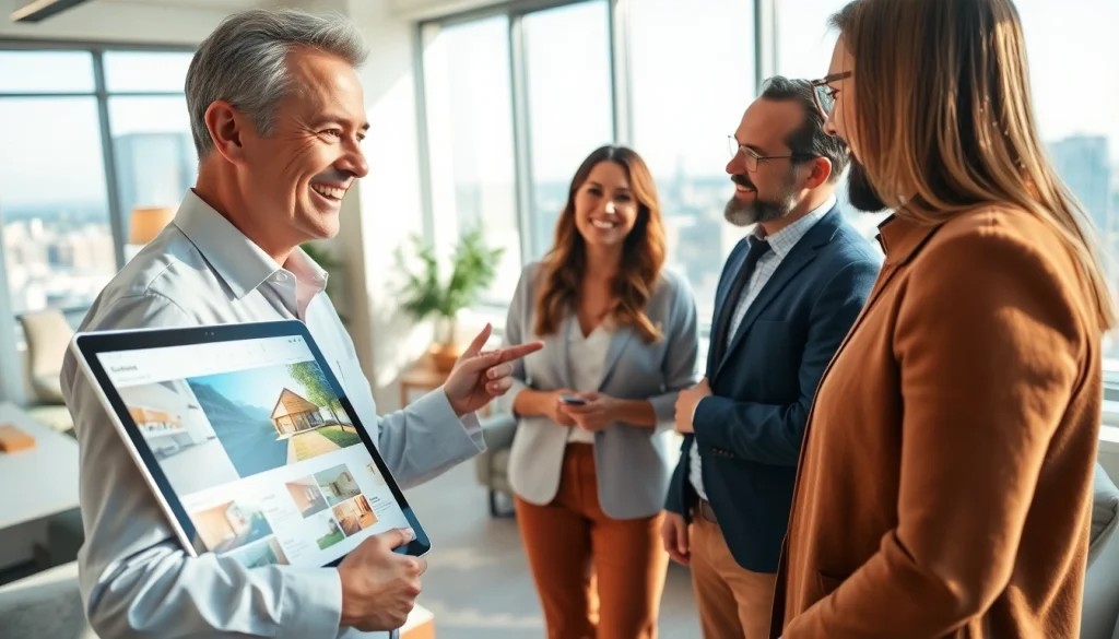 Real Estate agent engages with clients showcasing properties in a modern office setting.