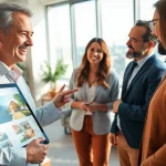 Real Estate agent engages with clients showcasing properties in a modern office setting.
