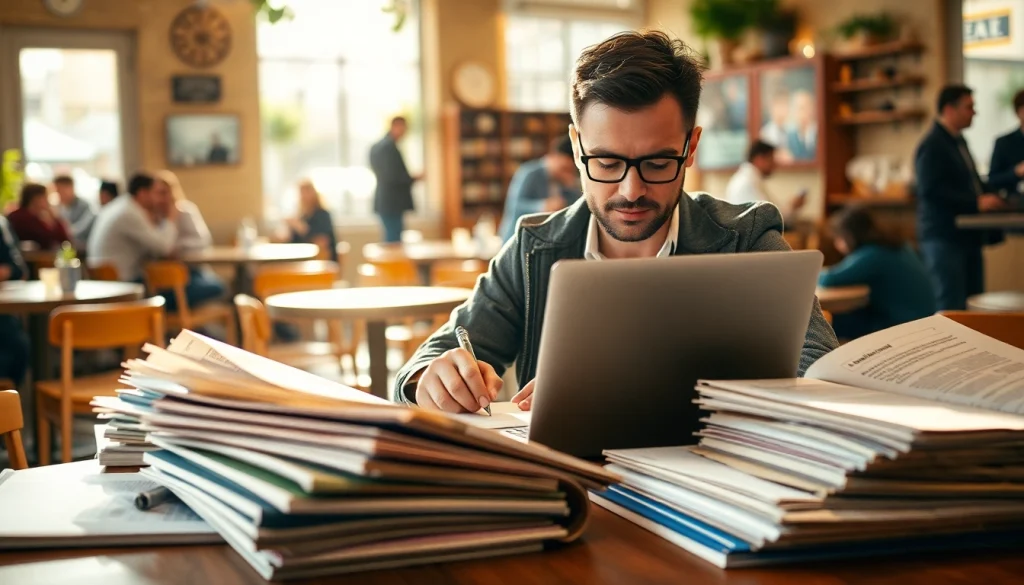 Journalist working diligently at thephoenixnewspaper in a cozy cafe, highlighting a blend of focus and creativity.