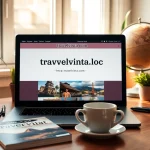 Engaging setup featuring the laptop with https://travelvixta.com, coffee, and travel guide on a wooden desk.