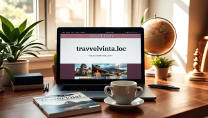 Engaging setup featuring the laptop with https://travelvixta.com, coffee, and travel guide on a wooden desk.