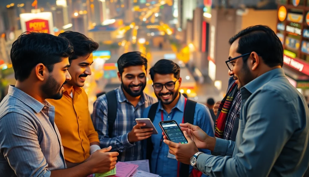 Participants engaging in sports betting in India with a smartphone and betting slips in an urban setting.