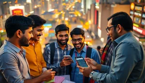 Participants engaging in sports betting in India with a smartphone and betting slips in an urban setting.