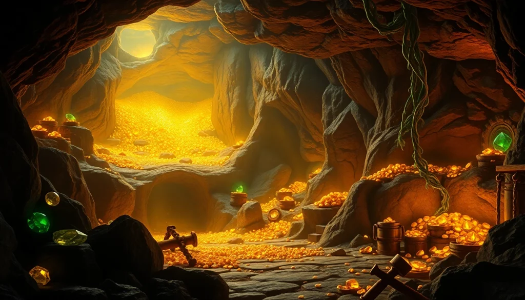 Revealing treasures inside King Solomon's Mine, showcasing gold and gemstones in a dramatic setting.