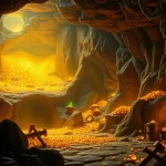 Revealing treasures inside King Solomon's Mine, showcasing gold and gemstones in a dramatic setting.