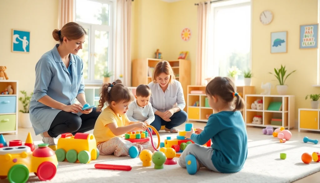 Children engaging in therapeutic activities at https://www.kiddsaba.com in a vibrant therapy room.