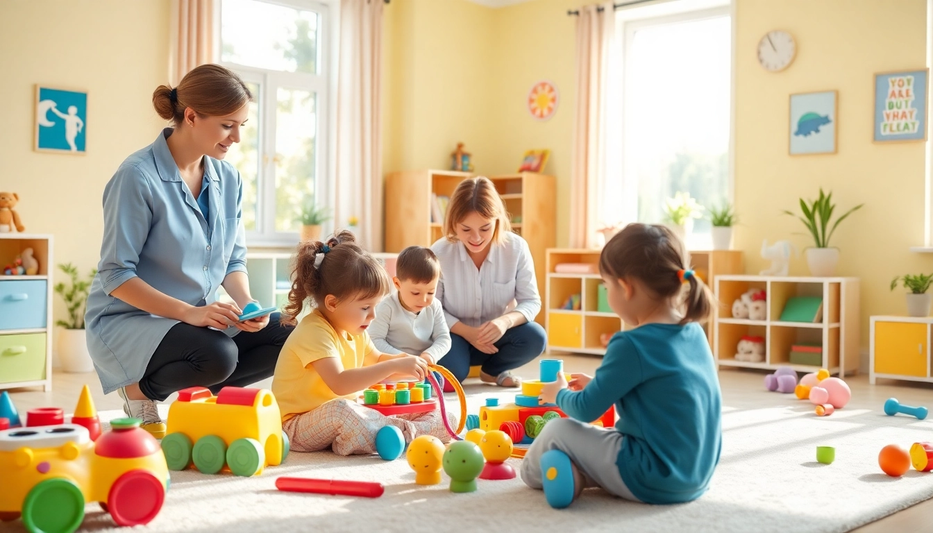 Children engaging in therapeutic activities at https://www.kiddsaba.com in a vibrant therapy room.