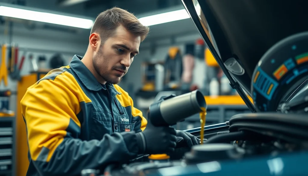 Ölwechsel Berlin: Fachmann wechselt das Öl eines Autos in einem modernen Garagenumfeld.