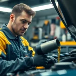 Ölwechsel Berlin: Fachmann wechselt das Öl eines Autos in einem modernen Garagenumfeld.