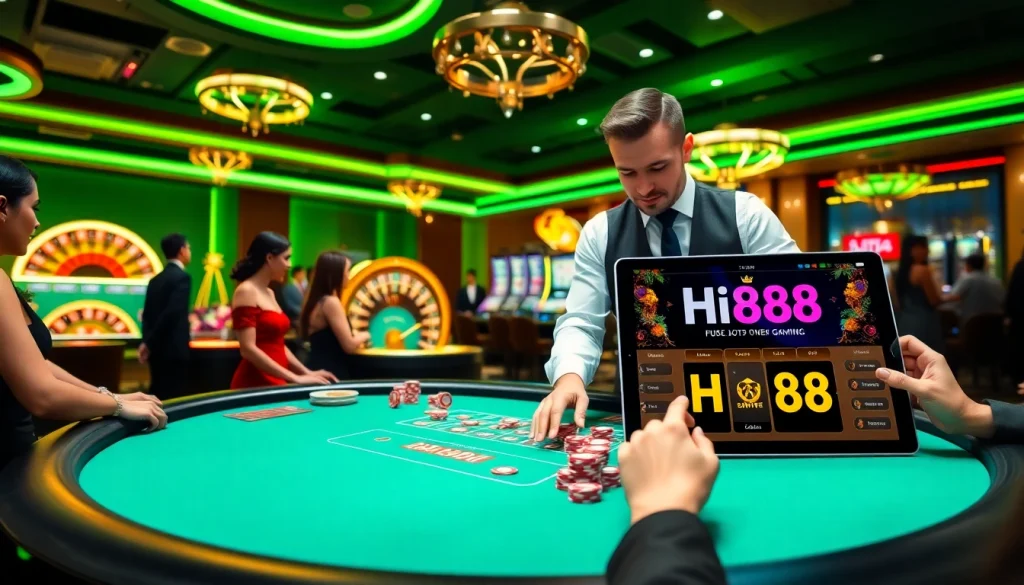 Hi88 players engaging in a high-stakes poker game with flashing casino lights in the background.