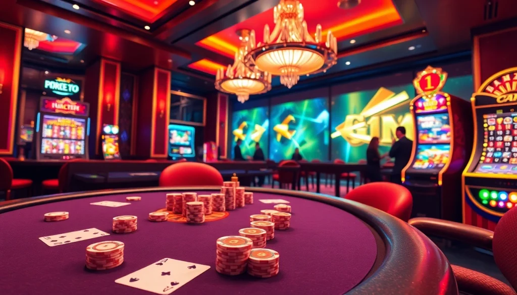 High-stakes gameplay at nhà cái sv66 featuring an elegant casino with poker, roulette, and slot machines.
