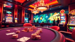 High-stakes gameplay at nhà cái sv66 featuring an elegant casino with poker, roulette, and slot machines.