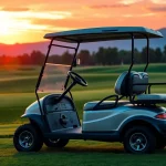 Experience the sleek golf cart on a scenic golf course at sunset, highlighting its design and colors.