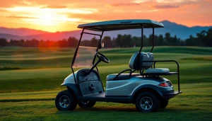 Experience the sleek golf cart on a scenic golf course at sunset, highlighting its design and colors.