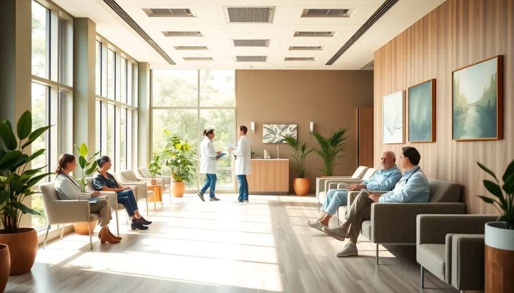 Les patients de cliniquedusoufflelepontet.fr interagissent dans un environnement de santé apaisant.