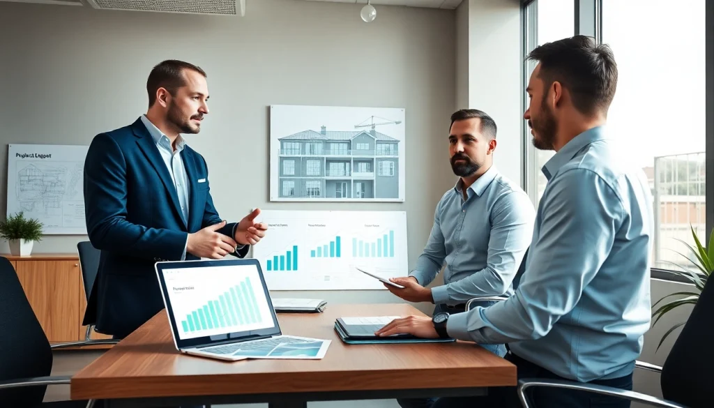 Księgowość dla spółki budowlanej: profesjonaliści omawiają strategię finansową w nowoczesnym biurze.