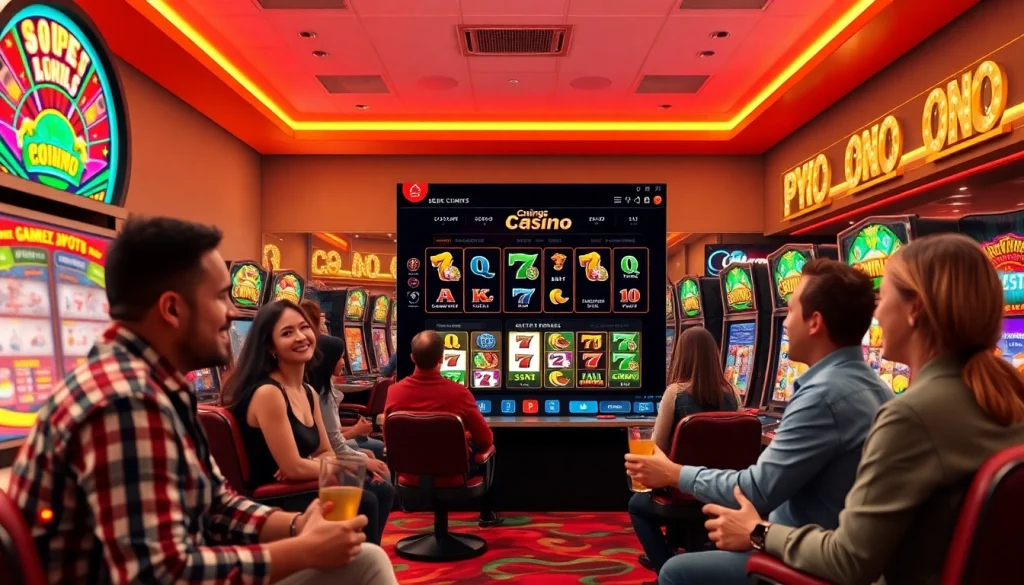 Memainkan petanitoto di suasana kasino online dengan mesin slot berwarna-warni dan pemain bahagia.