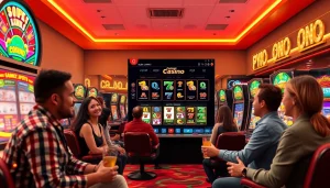 Memainkan petanitoto di suasana kasino online dengan mesin slot berwarna-warni dan pemain bahagia.