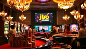 Gamblers placing bets at a luxurious casino while engaging with jbo.com gaming interfaces.
