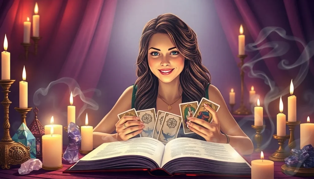 Intuitive reader offering insights at https://julielynn.co in a tranquil, magical setting.