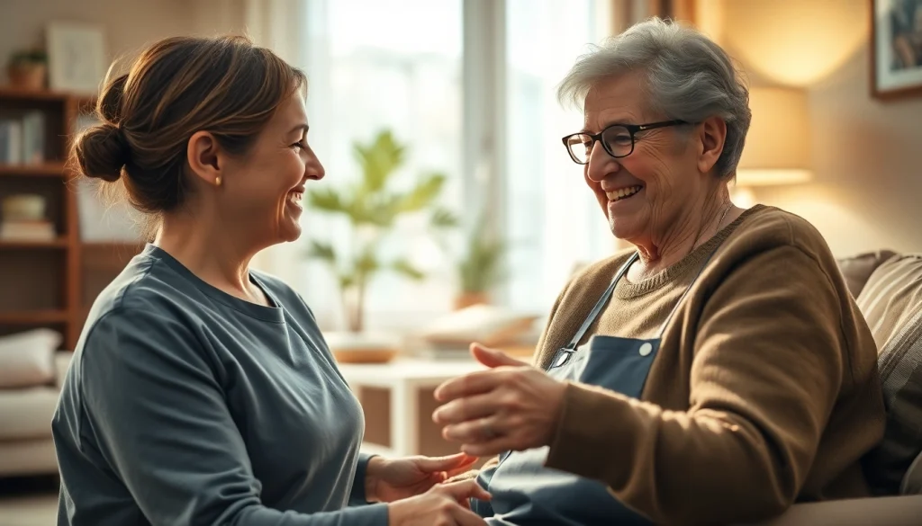 Elderly care maid assisting a senior in a cozy living room, showcasing compassion and professionalism.