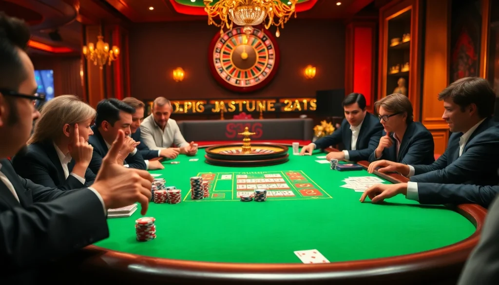 Players enjoying a thrilling poker game at the luxury casino, embracing the excitement of okfun.
