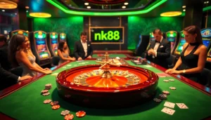Excited players engaging in high-stakes gambling at a roulette table featuring nk88.