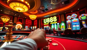 Players betting in a luxurious UU88 casino with poker chips and roulette wheel.