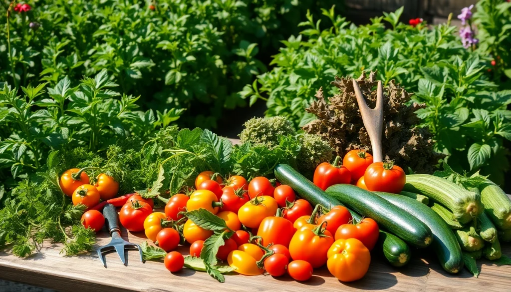 Gardening tools and vibrant vegetables in a blooming garden setting, showcasing gardening techniques.